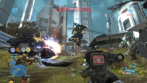Promotional image for Halo: Reach featuring a player's heads-up display while scoring multiple kills with the H-165 target locator on the Firefight map Beachhead. From the Halo: Reach press kit.