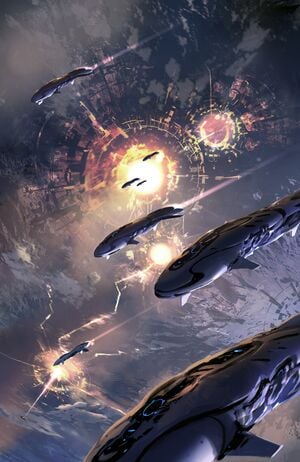 Halo: Escalations cover artwork of ships firing beams on a planet.
