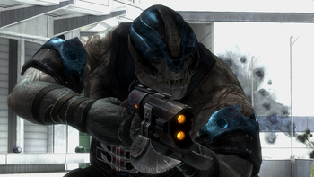 A Jiralhanae Minor with a Paegaas Workshop Spiker during the Siege of New Alexandria. From Halo: Reach campaign level Exodus.
