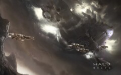 Concept art of UNSC frigates underneath a CSO-class supercarrier.