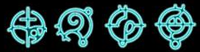 The four Forerunner symbols that appeared on the control panel. The rightmost glyph actually represents Installation 02.
