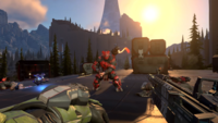 First-person view of John-117 throwing a spike grenade at a Jiralhanae Captain in the Campaign Gameplay Premiere.