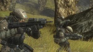 Three soldiers of the UNSC Army unit 3 Charlie operating in the hills of Visegrád in the level Winter Contingency.