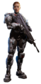 Render of Commander Sarah Palmer holding an M395 in Halo 4.