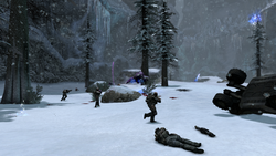 Members of Fireteam Zulu in combat with Covenant ground forces during the Battle of Installation 04. From Halo: Combat Evolved Anniversary campaign level Assault on the Control Room.