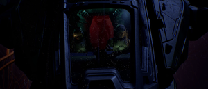 Carol Rawley and Frye piloting D77 Pelican Echo 419, deploying John-117 to the surface of Installation 04. Screenshot taken from Halo: Campaign Evolved campaign level 343 Guilty Spark.