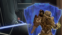 A hardlight shield deflecting fire from a Zubo-pattern beam rifle.