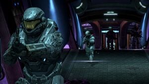 NOBLE Team's SPARTAN-B312 leading a trio of UNSC Army pilots onboard the Ceudar-pattern heavy corvette Ardent Prayer during Operation: UPPER CUT. From Halo: Reach campaign level Long Night of Solace.