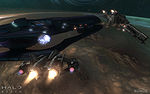 A Sabre and the UNSC Savannah attack a Covenant corvette.