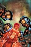 Issue 1 Cover art for Halo: Blood Line. Four Spartans surrounding a hologram of an AI.