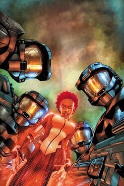 Issue 1 Cover art for Halo: Blood Line. Four Spartans surrounding a hologram of an AI.