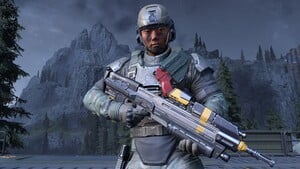 A UNSC Marine holding the MA40 Longshot in Halo Infinite campaign.