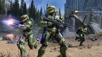 Four players playing on Installation 07 in Halo Infinite.