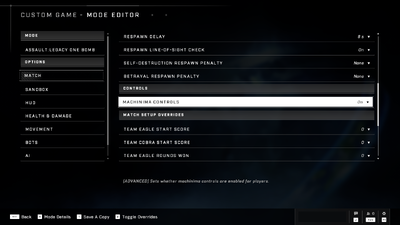 A screenshot of "MACHINIMA CONTROLS" set to on in the "MODE EDITOR" settings menu.