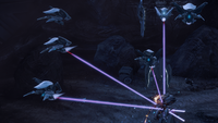 Multiple Sentinels firing their weapons at a Promethean Knight in Halo 4 Spartan Ops.