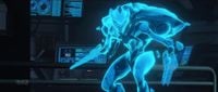 A hologram of a Promethean Knight being analyzed by members of the UNSC Infinity.