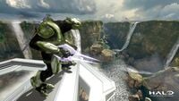A Sangheili looking out to the canyons outside of the map.