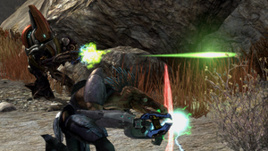 A Kig-Yar Major and an Unggoy Major wielding the Eos'Mak-pattern plasma pistols during the Battle at Szurdok Ridge. From Halo: Reach campaign level Tip of the Spear.