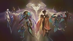 Art of the different Xalanyn emerging with their familiars and Abaddon in the background.