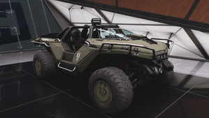 Front 45 degree view of the M12S Warthog CST in Forza Horizon 5.