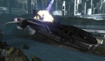 A plasma torpedo impacting an evacuating civilian transport during the Fall of Reach.