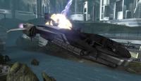 An SDV-class heavy corvette's plasma bolt impacting an evacuating civilian transport during the Fall of Reach in Halo: Reach.