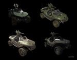 Various incarnations of the Warthog. Halo: Reach version seen to the bottom right.