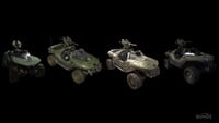 The various iterations of the M12 LRV as seen in the Halo trilogy and Halo: Reach.