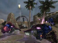 Promotional image for an in-development build of Halo 2 featuring a battle between an M12G1 Gauss Warthog and two Karo'etba-pattern Ghosts. Screenshot from the E3 2004 press kit.