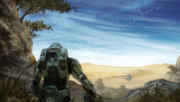 Concept art of the Master Chief looking out over the savannah.