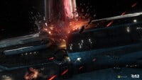 Concept art of the Banished dreadnought ramming the UNSC Infinity.