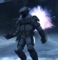 A marine in a cold environment variant being hit by a needler round in the Halo Wars announcement trailer.