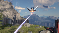 A Sentinel Aggressor firing its beam weapon in Halo Infinite.