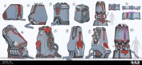Concept art of various pieces of Banished machinery.