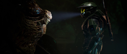 John-117 standing before the Proto-Gravemind that has absorbed Jacob Keyes. Screenshot taken from Halo: Campaign Evolved campaign level Keyes.