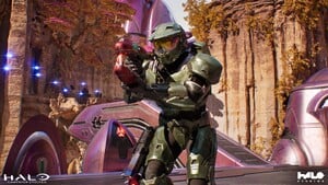 Halo: Campaign Evolved image showcasing John-117 in Mark IV armor and wielding a Kewu R'shi'k-pattern plasma rifle in the habitat dome aboard the Triumph of Tolerance.