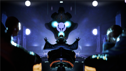 Artwork depicting Chapter 16 of Halo: Contact Harvest, at the moment in which the future-Hierarchs meet with Mendicant Bias.