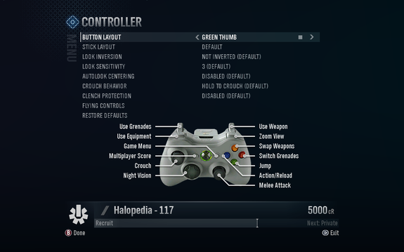 A screenshot of "Button Layout" set to "Green Thumb" in the Halo: Reach settings menu.Behind the game pause menu is pitch black.Note: The screenshot was taken from the emulator Xenia.