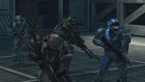 NOBLE Team (Carter-A259, Jun-A266, Emile-A239, and SPARTAN-B312) arriving at the cavern containing the Babd Catha Forerunner vessel underneath SWORD Base during Operation: WHITE GLOVE. From Halo: Reach campaign level The Package.