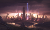 Concept artwork of a glassed city on Reach for the Halo 2: Anniversary Terminals.