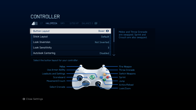 A screenshot of "Button Layout" set to "Boxer" in the Halo 4 settings menu.Behind the game pause menu is pitch black.Note: The screenshot was taken from the emulator Xenia.