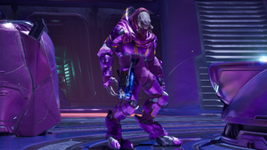A Sangheili Sacristan Sangheili Sanctum Cleric with a Okarda'phaa-pattern plasma rifle aboard the Triumph of Tolerance during Operation: METEORITE. Screenshot taken from Halo: Campaign Evolved campaign level Boarding Action.