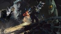 Early concept art of Spartans and Jiralhanae fighting.