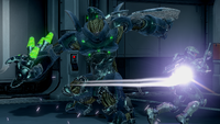 John-117 using the thruster pack to dodge a Mgalekgolo's attack.
