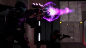 Orbital Drop Shock Trooper Jonathan Doherty firing his needler and the unidentified NMPD officer wielding his M90A shotgun in the New Mombasa Data Center during Battle of New Mombasa, as seen in the Halo 3: ODST campaign level Data Hive.
