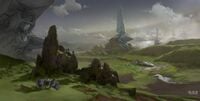 Early concept art of Forerunner towers amidst green plains on the ring.
