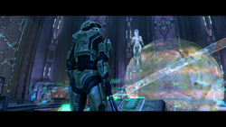 John-117 and Cortana inside Installation 04's control room. From Halo: Combat Evolved Anniversary campaign level Assault on the Control Room.
