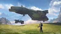 Concept art of a Pelican delivering an M12B Warthog.
