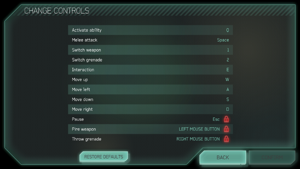 A screenshot of the “VIEW CONTROLS” (“SELECT INPUT METHOD”: Mouse and Keyboard) setting menu of Halo: Spartan Strike (Windows) (Steam).Every binding is set by default.