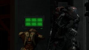 NOBLE Team Catherine-B320 hacking a control panel while Emile-A239 covers her at Visegrád Relay, as seen in Halo: Reach campaign level Winter Contingency.